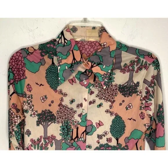 Vintage 70s Disco Long Sleeve Shirt Size M Psychedelic Trees Nature Butterfly
